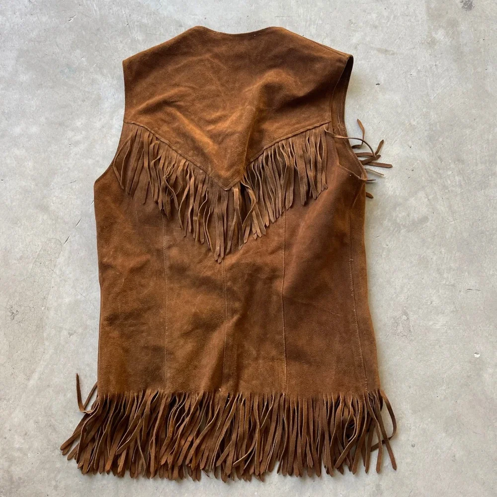 Mr Chips Vintage Brown Suede Leather Fringe Western Vest Hook Closure Brown